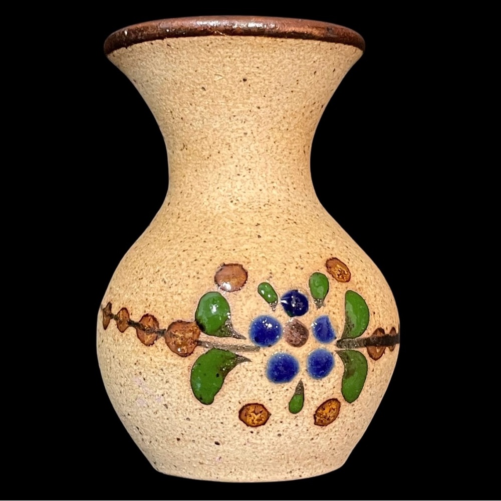 Vintage 1970s Mexican Tonala Mini Vase Floral Pattern - Unique Folk Art Pottery